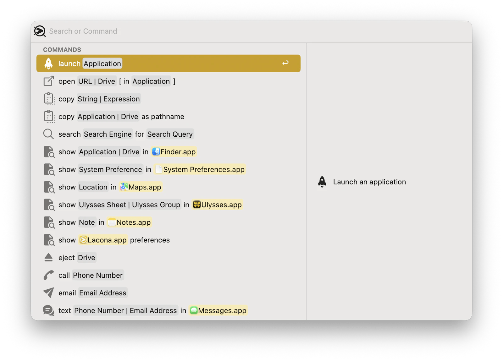 The command list in Lacona, a Mac keyboard assistant app available on Setapp.